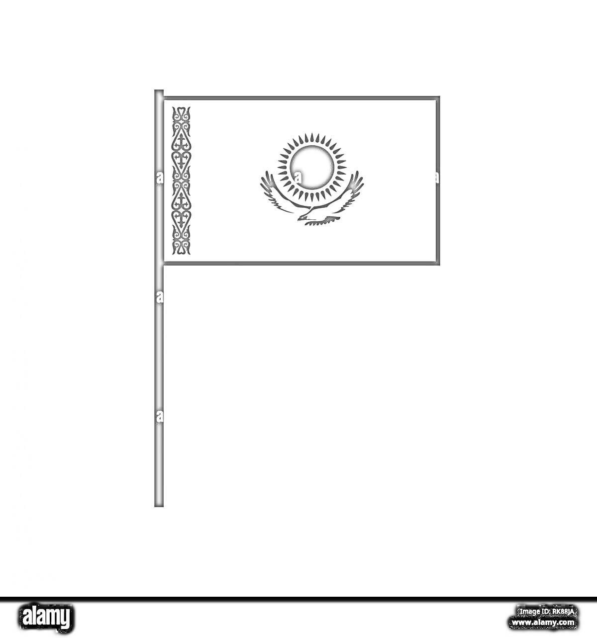 Раскраска Флаг Казахстана с национальными орнаментами, солнцем, орлом и вертикальной полосой