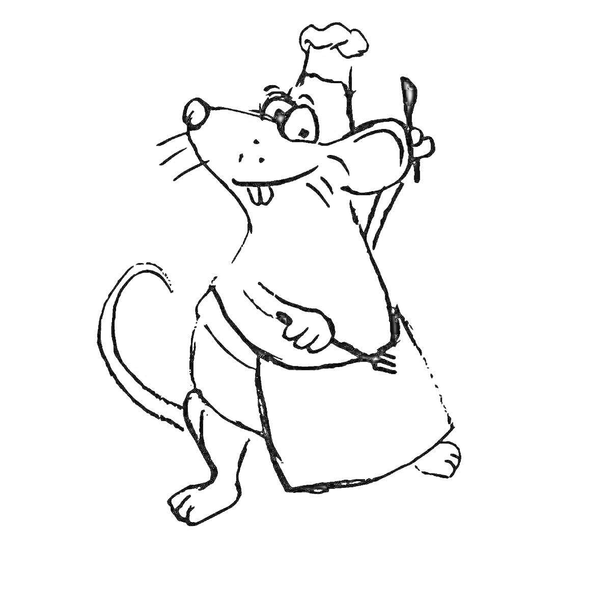 Раскраска Крыса в поварском колпаке и фартуке с ложкой и вилкой