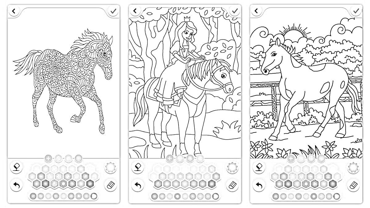 На раскраске изображено: Лошадь, Всадник, Лес, Забор, Солнце, Животные, Природа, Скачки