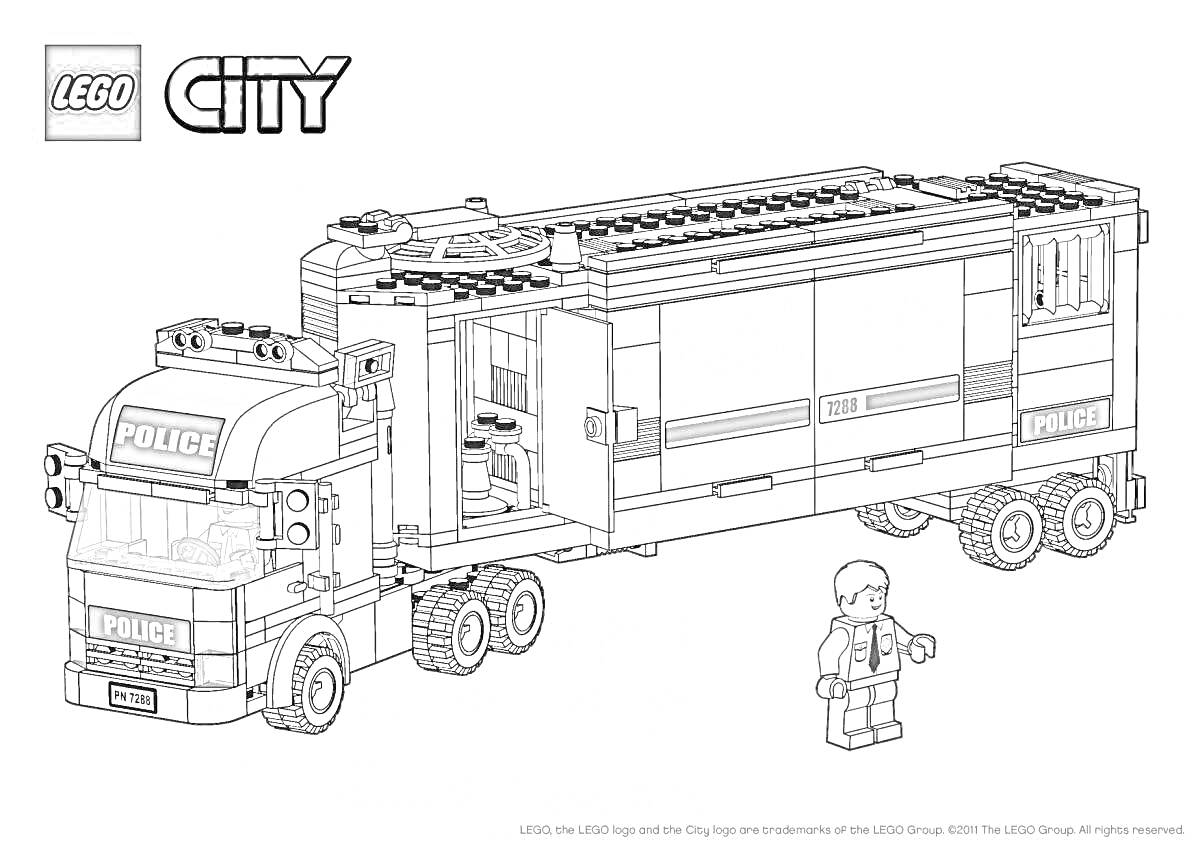 На раскраске изображено: Полицейский грузовик, Полиция, Транспорт, Для детей, Грузы, Лего, Полицейская машина