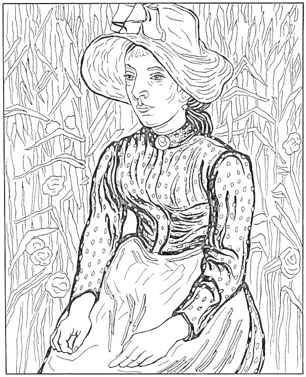 Раскраска Женщина в шляпе, сидящая на фоне поля с подсолнечниками