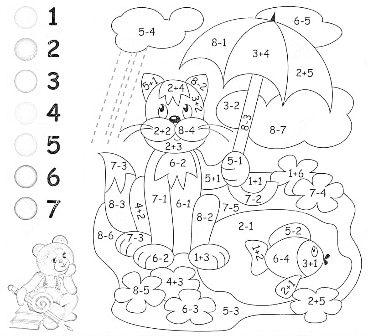На раскраске изображено: Кот, Червяк, Поляна, Цветы, Дождь, Математика, 1 класс