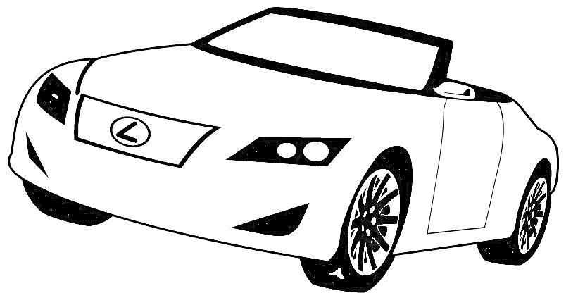 На раскраске изображено: Лексус, Кабриолет, Спорткар, Авто, Транспорт, Контурные рисунки, Логотипы