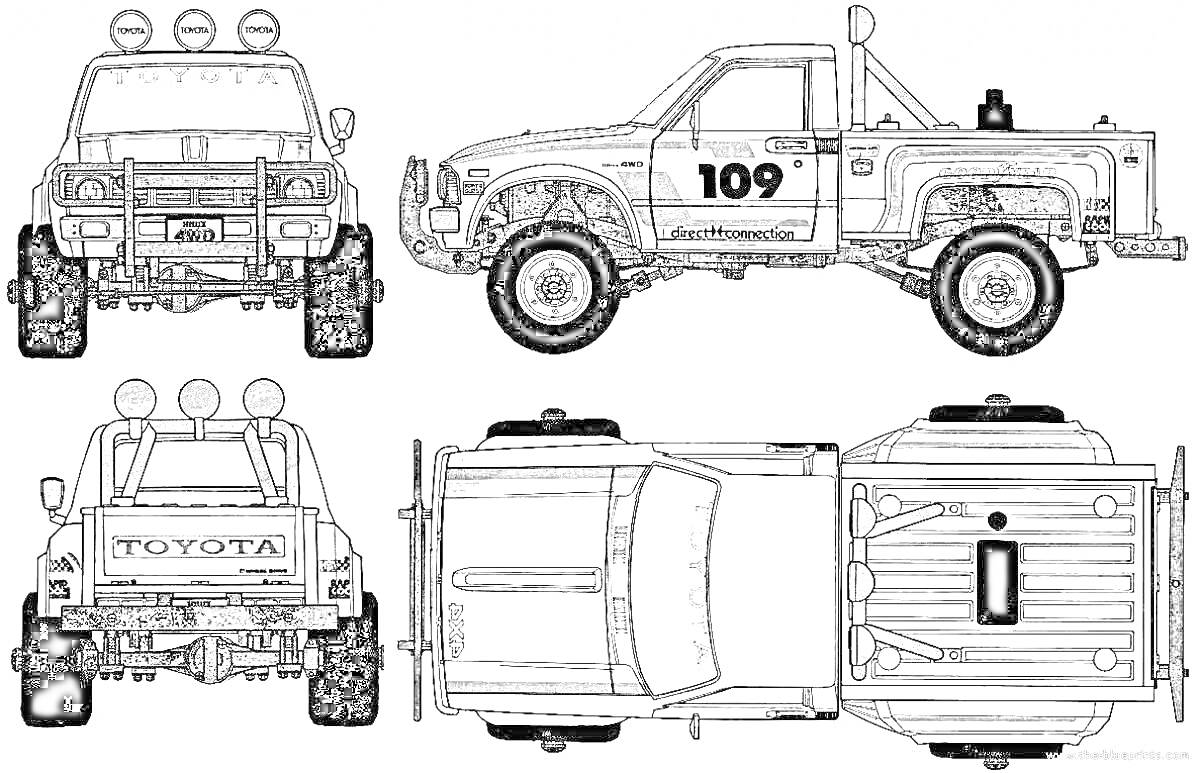 Раскраска Чертежи вида спереди, сзади, сбоку и сверху пикапа Toyota Hilux с номером 109 и добавленными элементами для внедорожных соревнований (световые фары на крыше, рама безопасности)