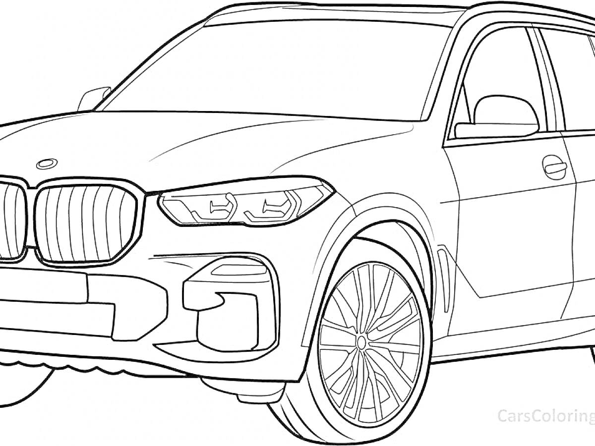 Раскраска автомобиля BMW M5 с передней решеткой радиатора, фарами, боковыми зеркалами, дверями, колесами и шинами.