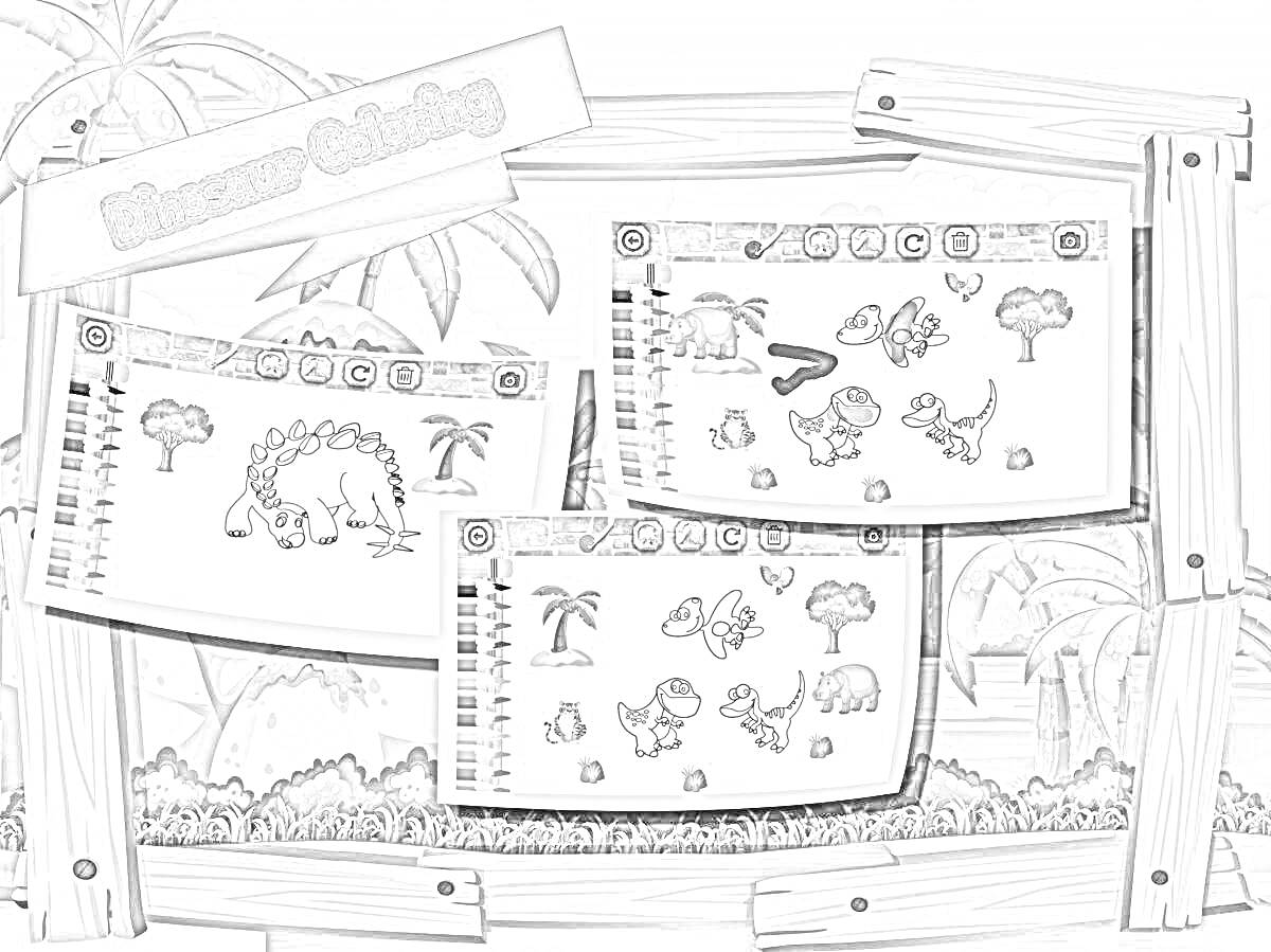 Раскраска Динозавры, пальмы, деревья, камни, травы, яйца, следы