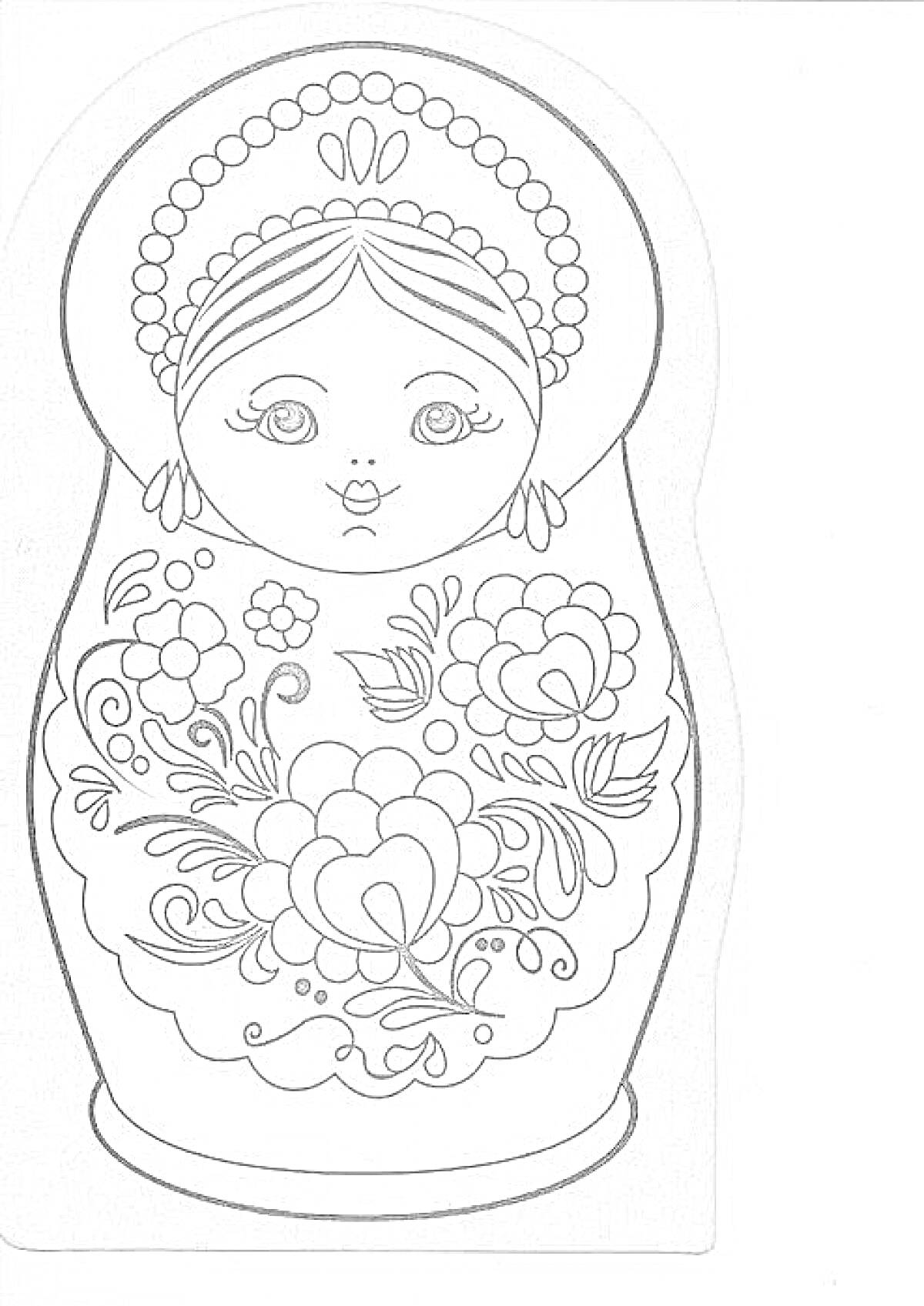 Раскраска Матрешка с хохломской росписью и цветочным орнаментом
