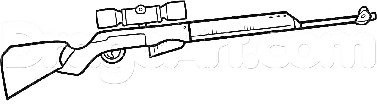 На раскраске изображено: Винтовка, Оптический прицел, Оружие, Охота, Стрельба