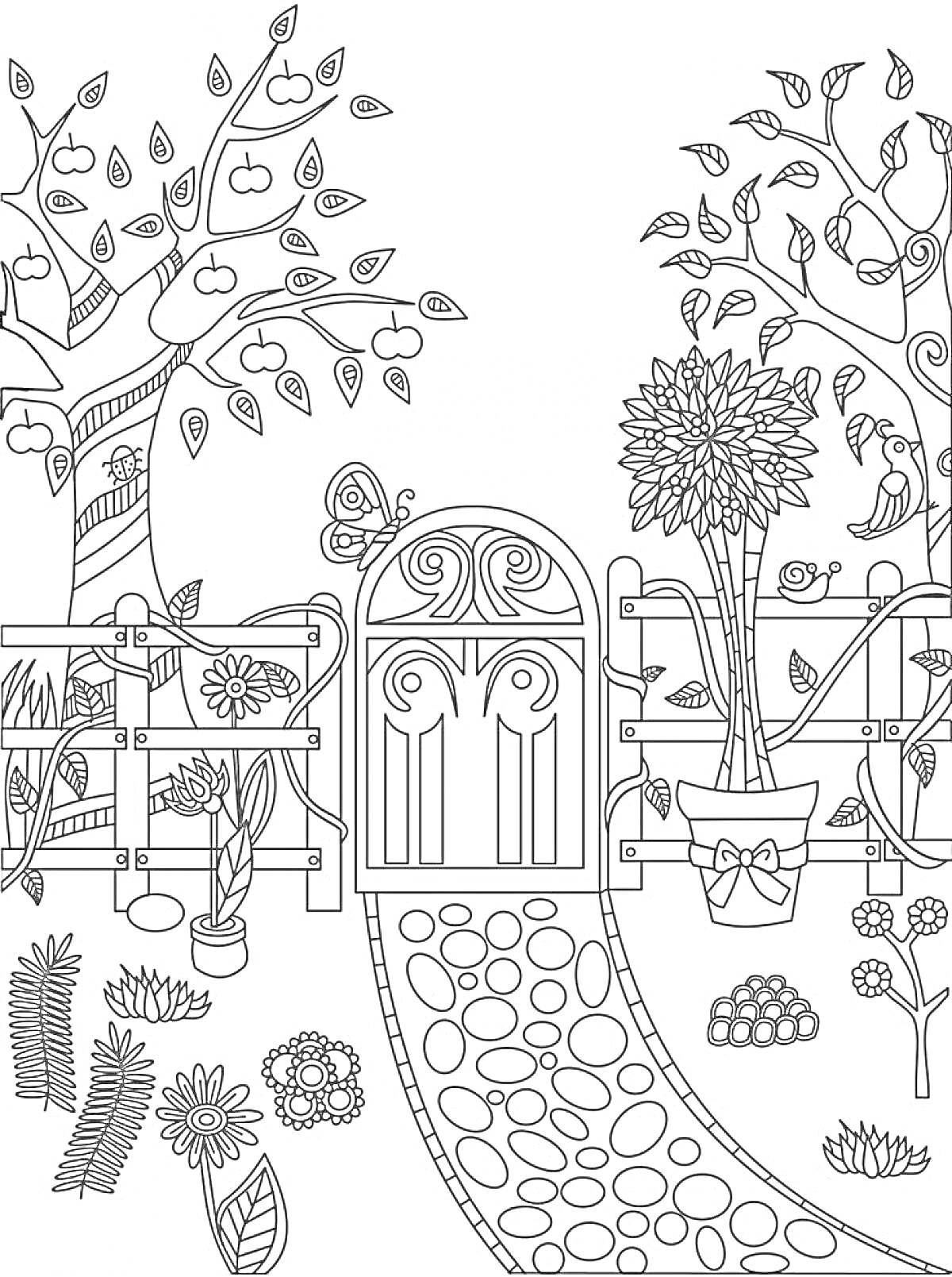 На раскраске изображено: Сад, Деревья, Ворота, Цветы, Забор, Кусты, Дорожка, Листья, Бабочка, Растения, Цветочные горшки, Яблоко, Ветка