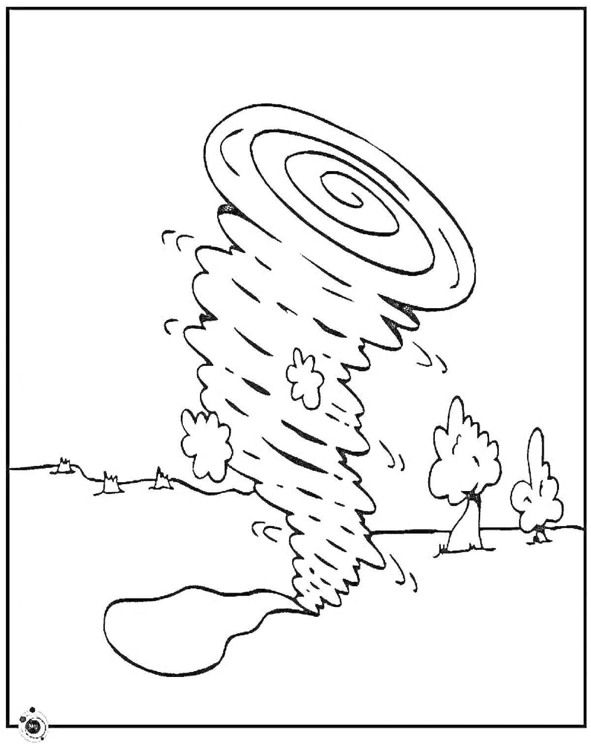 Раскраска Ураган с деревьями и поднимающейся пылью