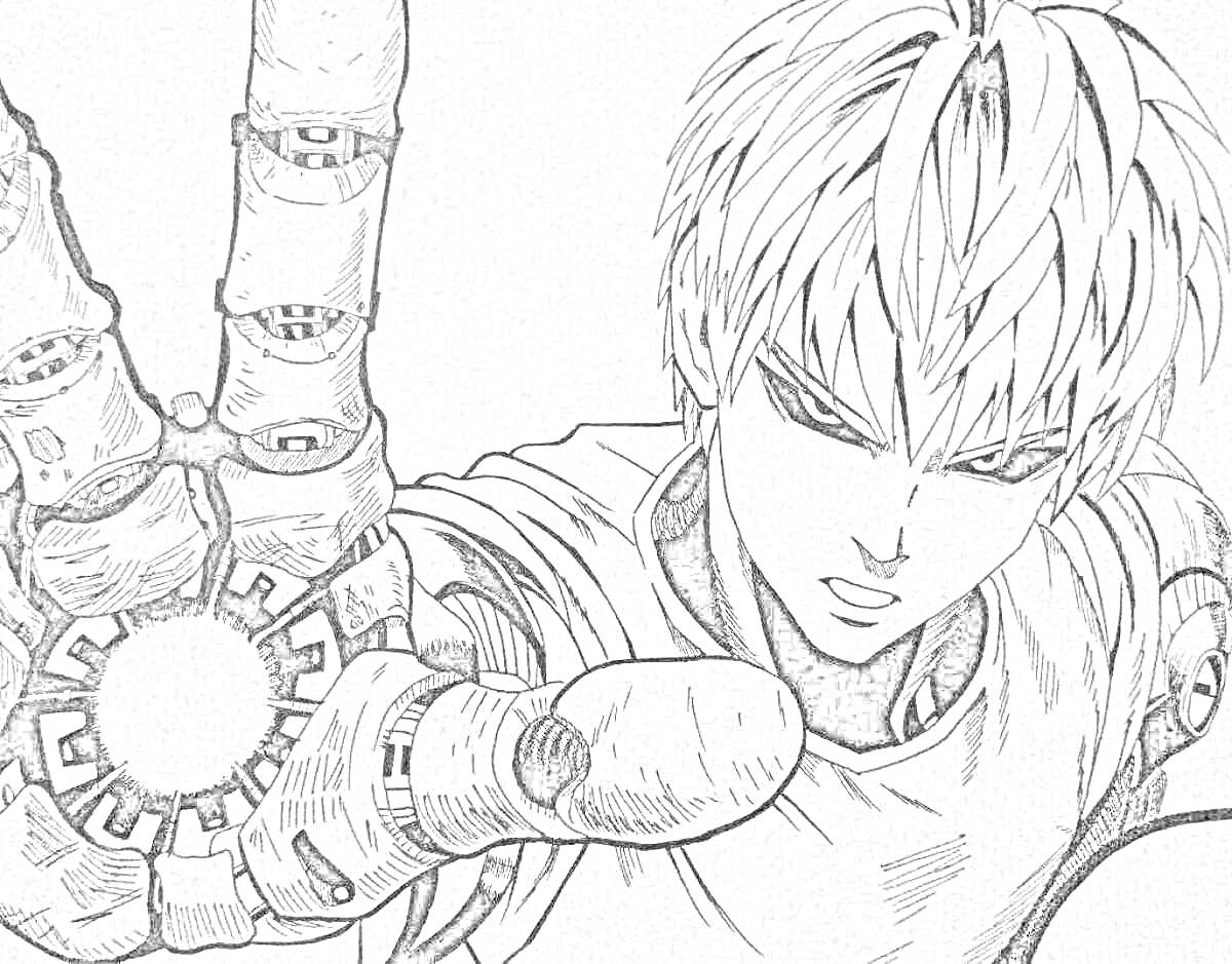 Персонаж с короткими светлыми волосами и механической рукой, демонстрирующий боевую позу