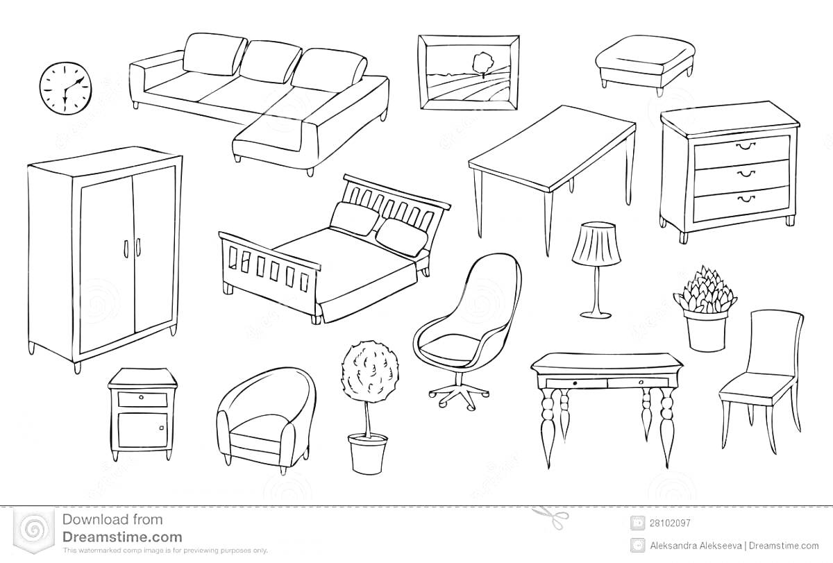 На раскраске изображено: Мебель, Диван, Комод, Стол, Шкаф, Стул, Кресло, Пуф, Лампа, Растение в горшке, Будильник
