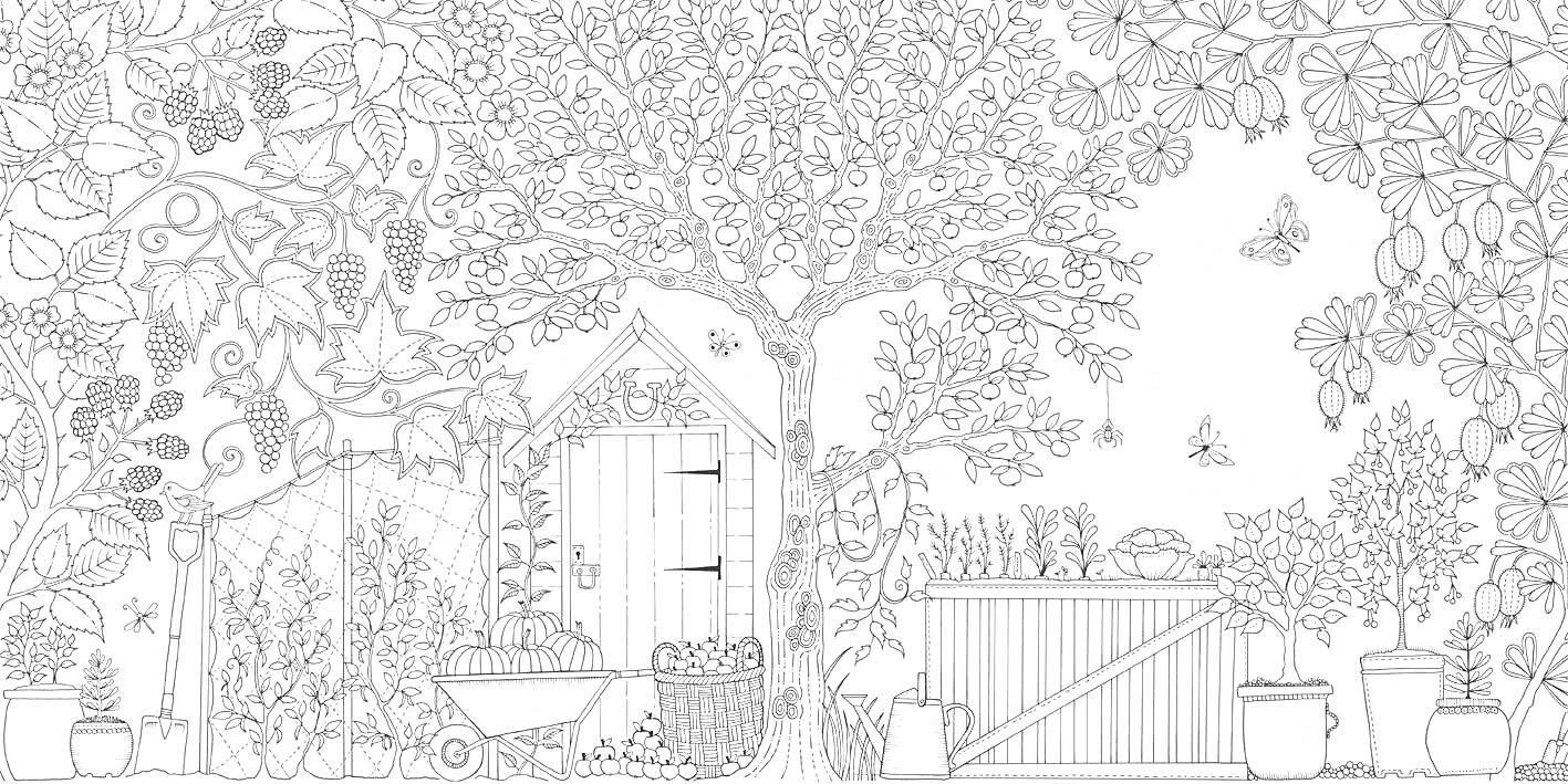 Раскраска Сад с деревьями, растениями и воротами