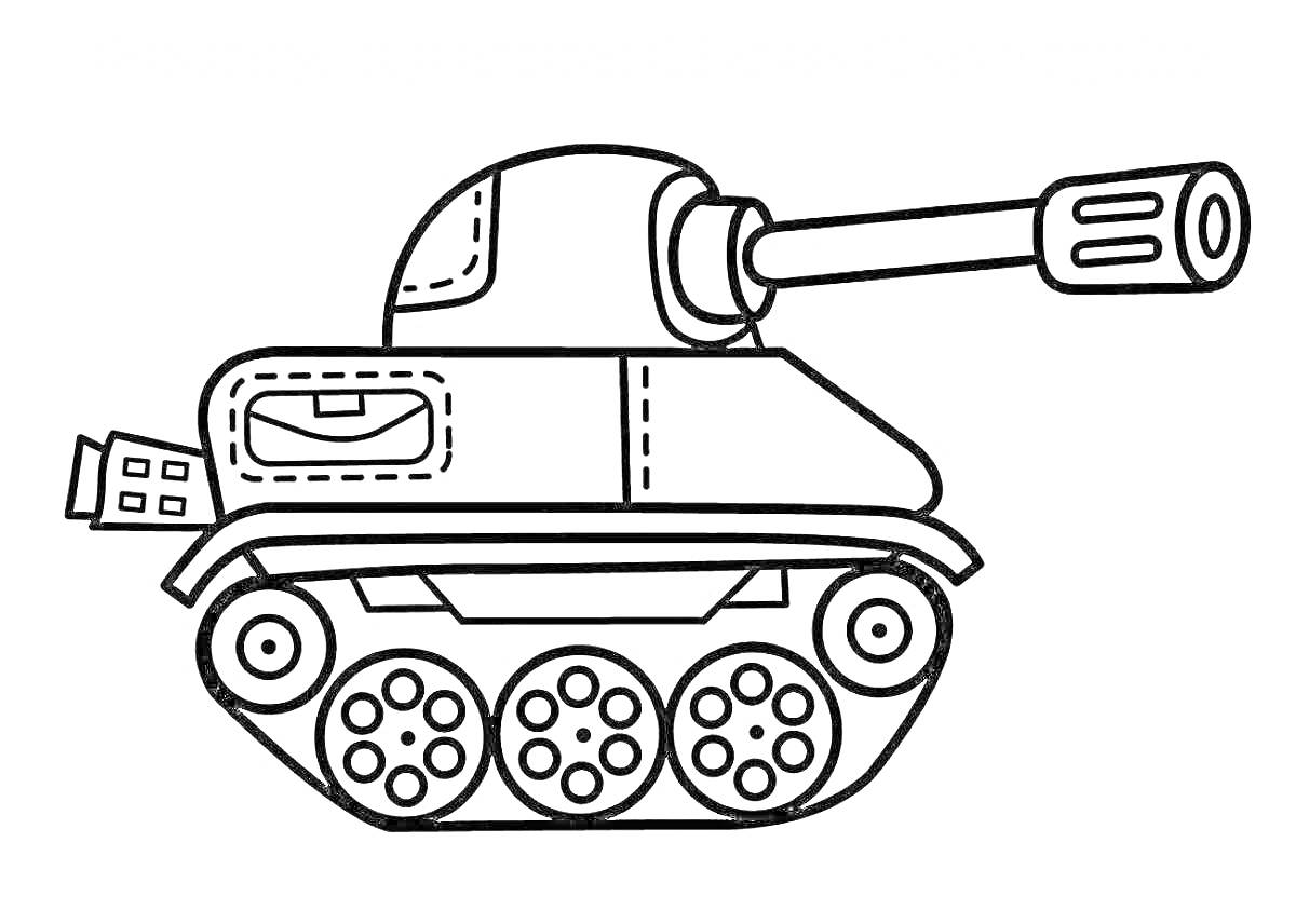 Раскраска Танковая раскраска с боевой машиной на гусеницах и башней с пушкой