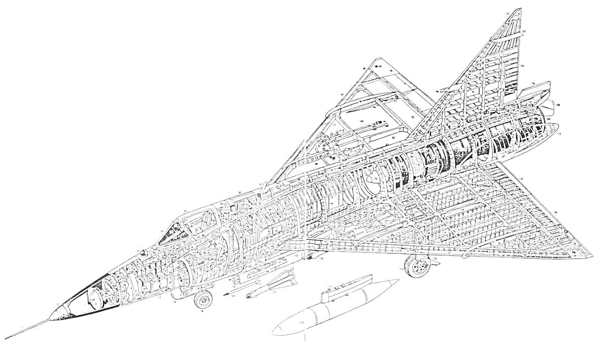 Раскраска Черно-белая раскраска истребителя в профиль, детализированное изображение с внутренними элементами конструкции, присутствует ракета под крылом