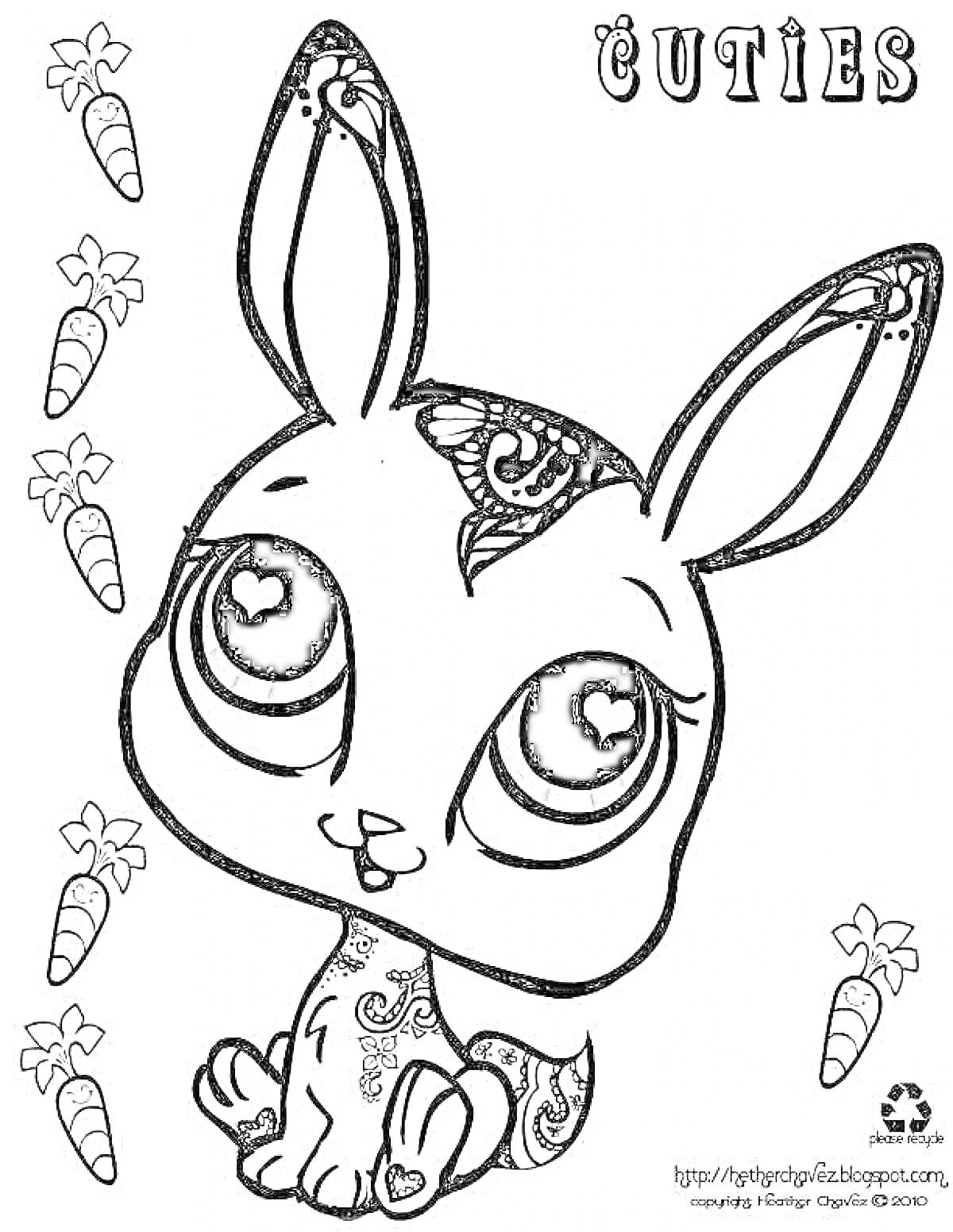 Раскраска Милый зайчик с большими глазами, окруженный морковками и цветочками