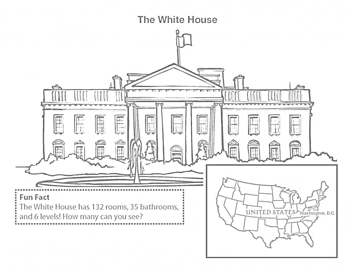 Раскраска Белый дом с описанием и картой Соединенных Штатов