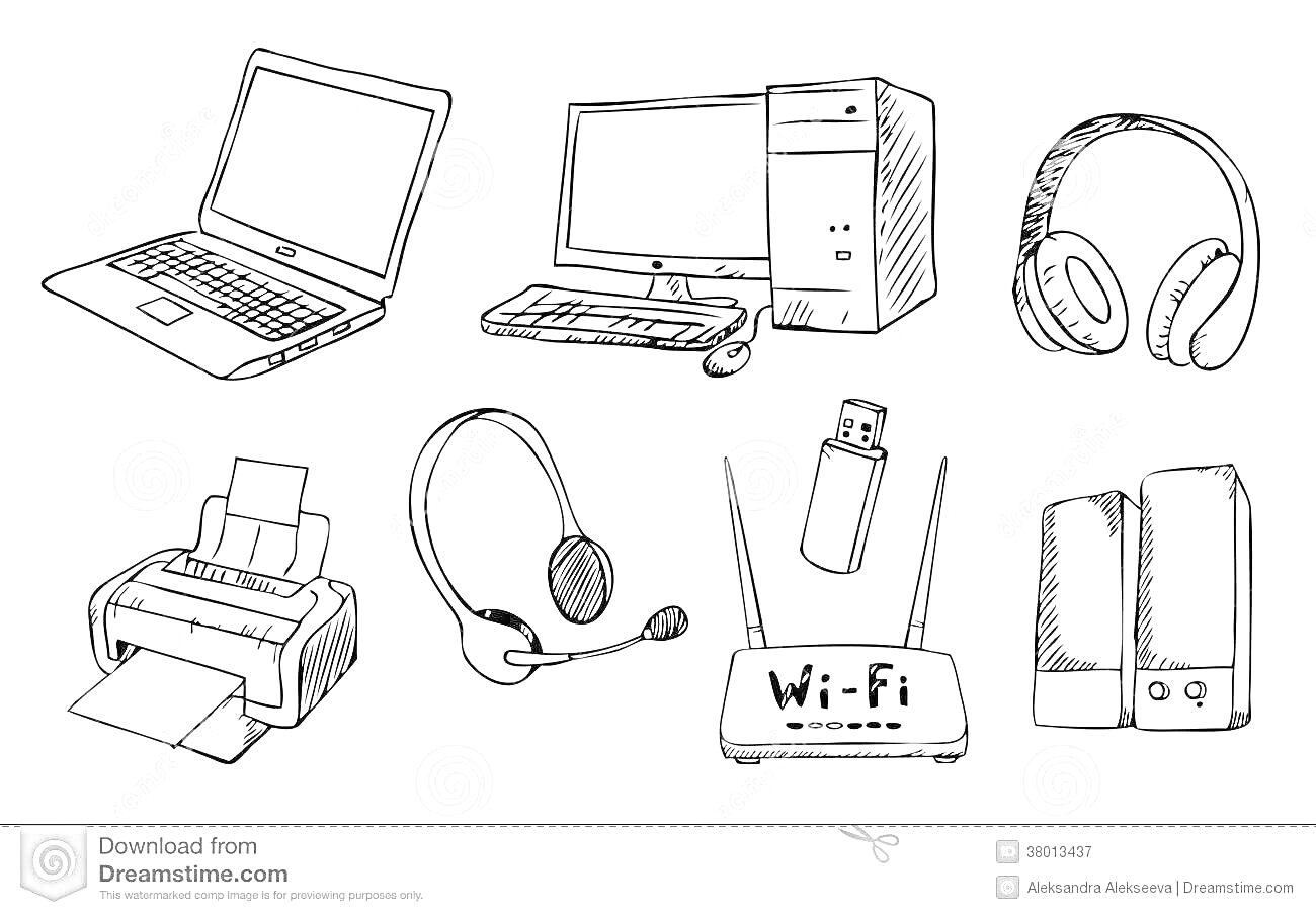 Раскраска Электронные устройства - ноутбук, настольный компьютер, монитор, наушники, принтер, гарнитура, USB флешка, Wi-Fi роутер, колонки