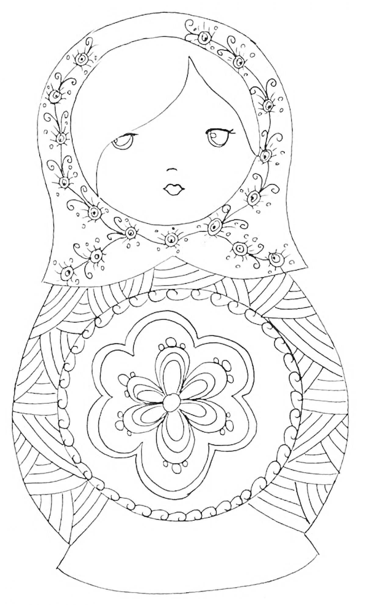 Раскраска Матрешка с цветочным узором на платке и крупным цветком на животе