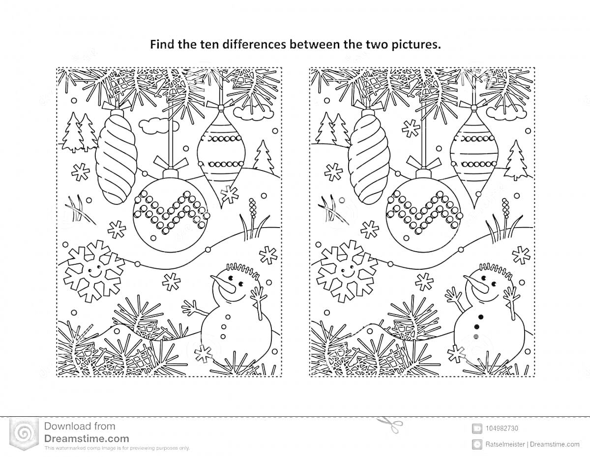 На раскраске изображено: Зимние украшения, Ёлки, Снежинки, Найди отличия, Игра, Головоломка, Новогоднее настроение, Снежный пейзаж