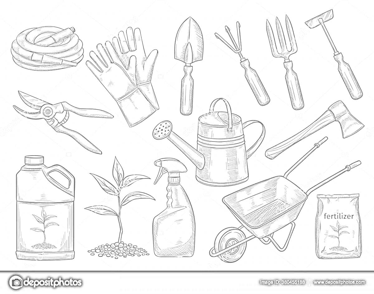 Раскраска Садовый инвентарь: шланг, перчатки, совок, мотыга, грабли, секатор, лейка, топор, тележка, лейка-спрей, лопата, растение в горшке, удобрение, канистра