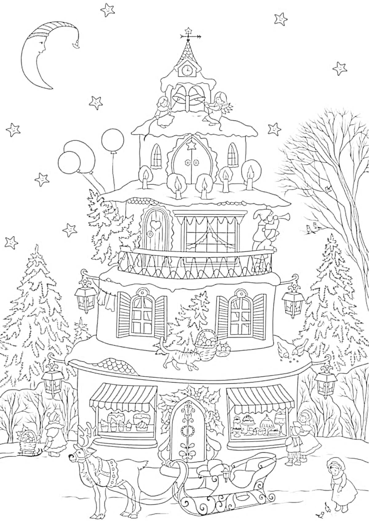 Раскраска Новогодний город с украшенным домом, елками, санями с оленем и новогодними декорациями, луна и звезды на небе