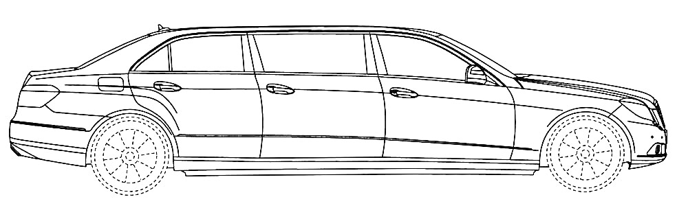 Раскраска Лимузин с четырьмя дверями, седан, вид сбоку