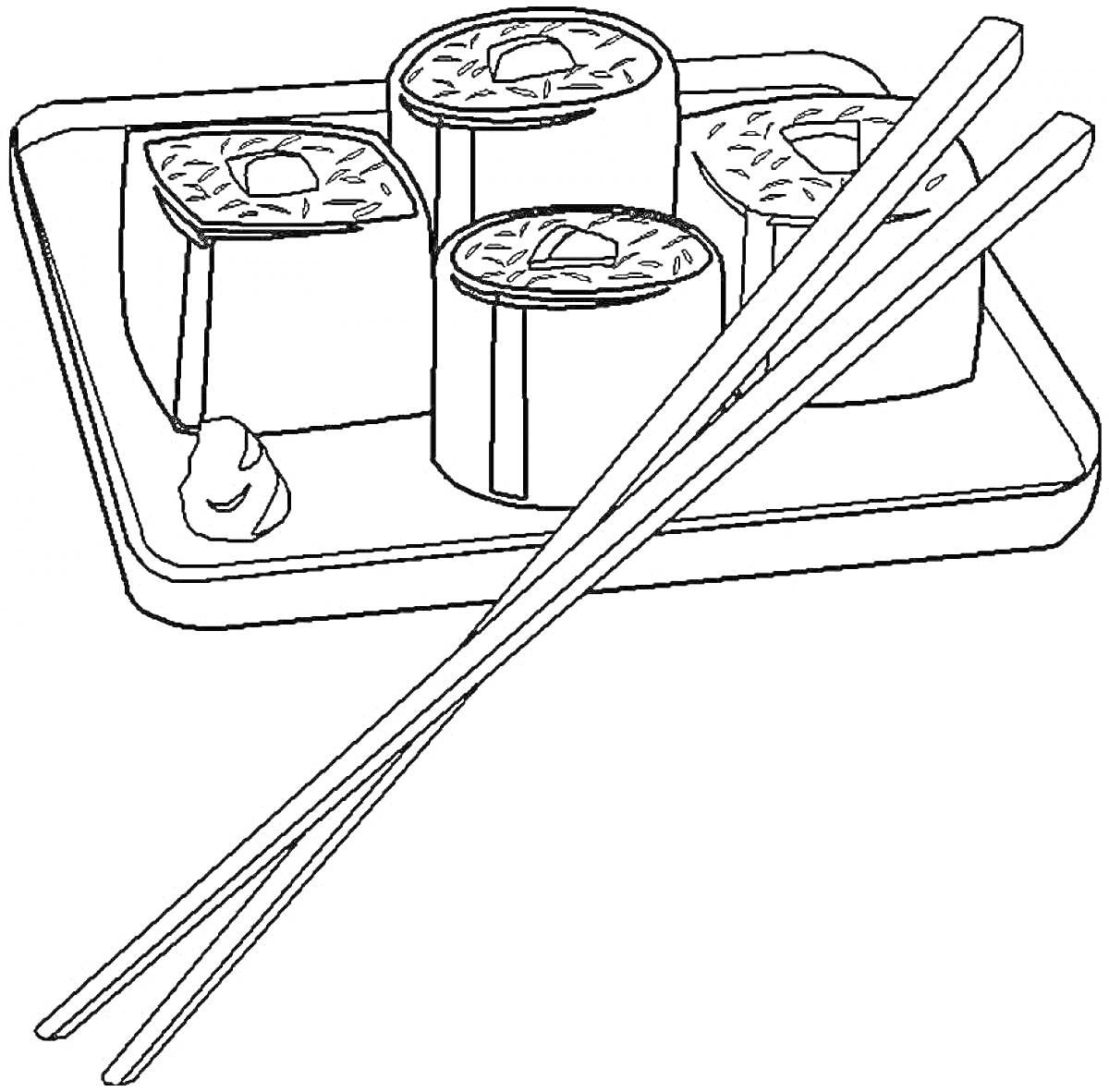Раскраска Роллы, палочки для еды и васаби на подносе