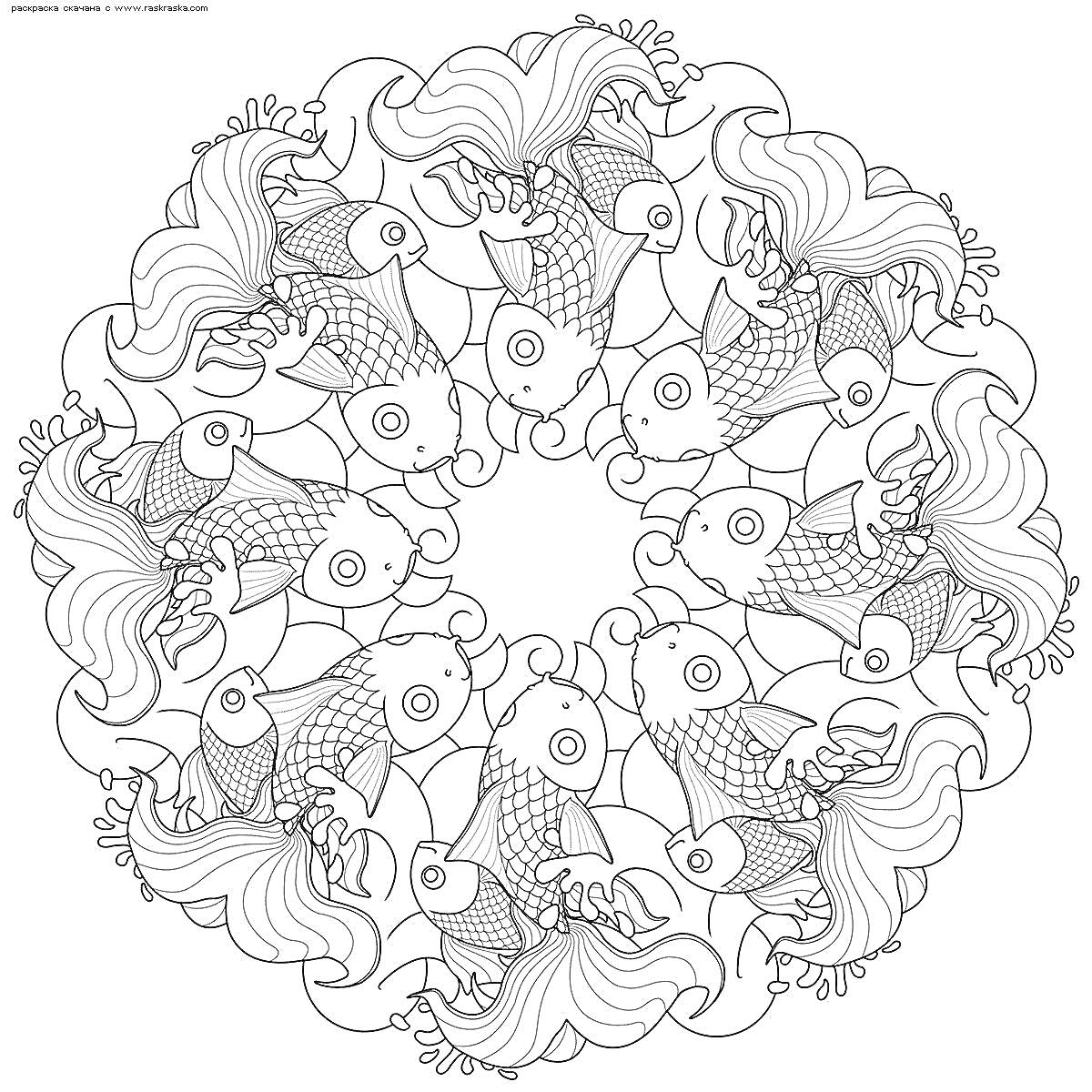 Раскраска Рыбы, узор в виде круга, масштабированные узоры, сложные элементы