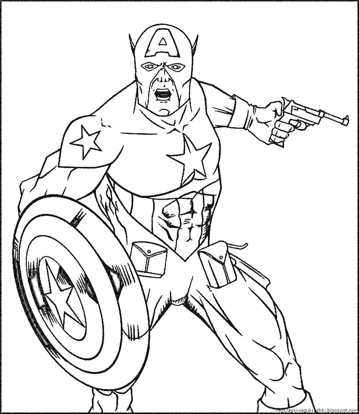 На раскраске изображено: Капитан америка, Щит, Пистолет, Герой, Маска, Костюм, Звезды, Комиксы, Супергерои