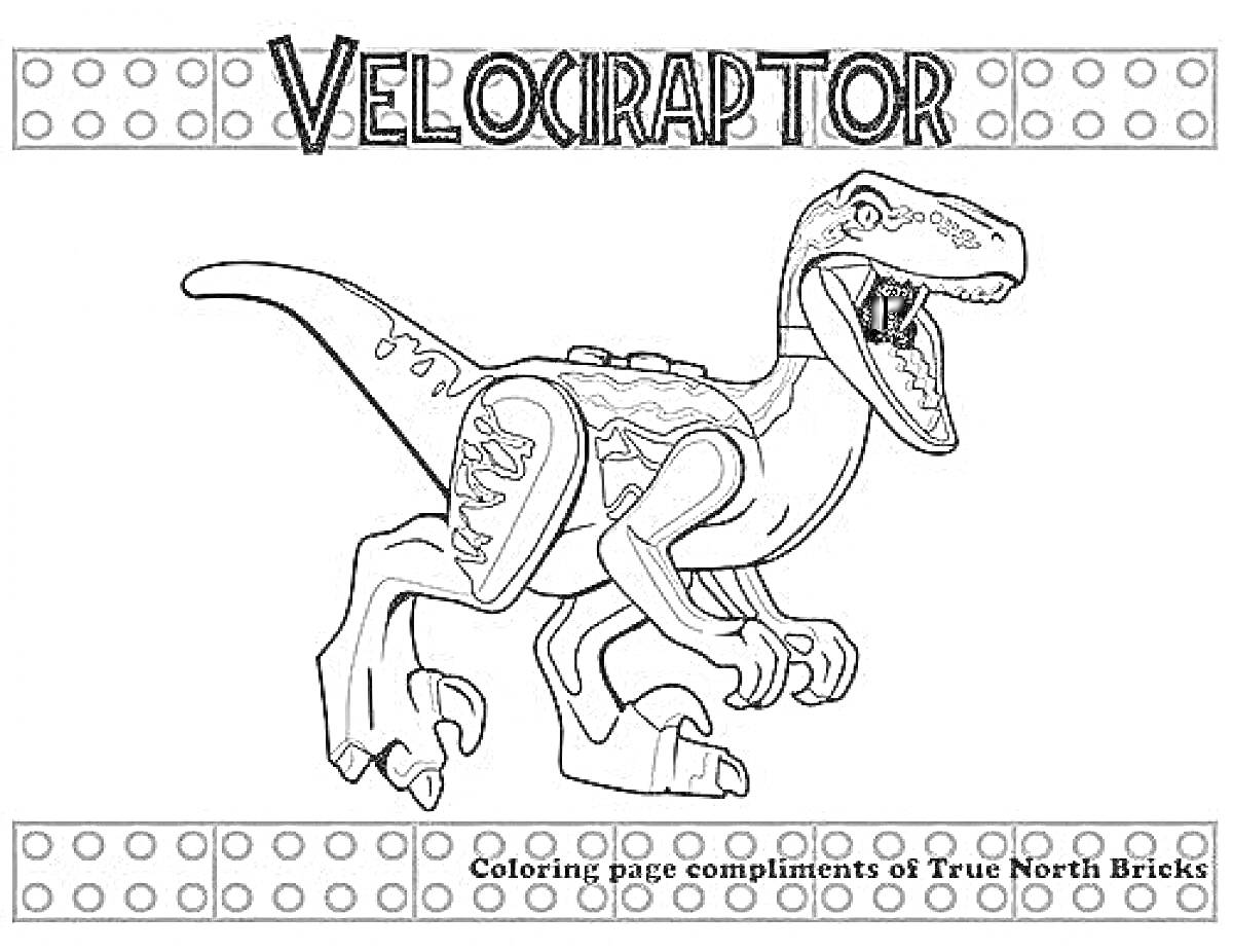 Раскраска Динозавр лего - Велоцераптор с открытой пастью и поднятой лапой