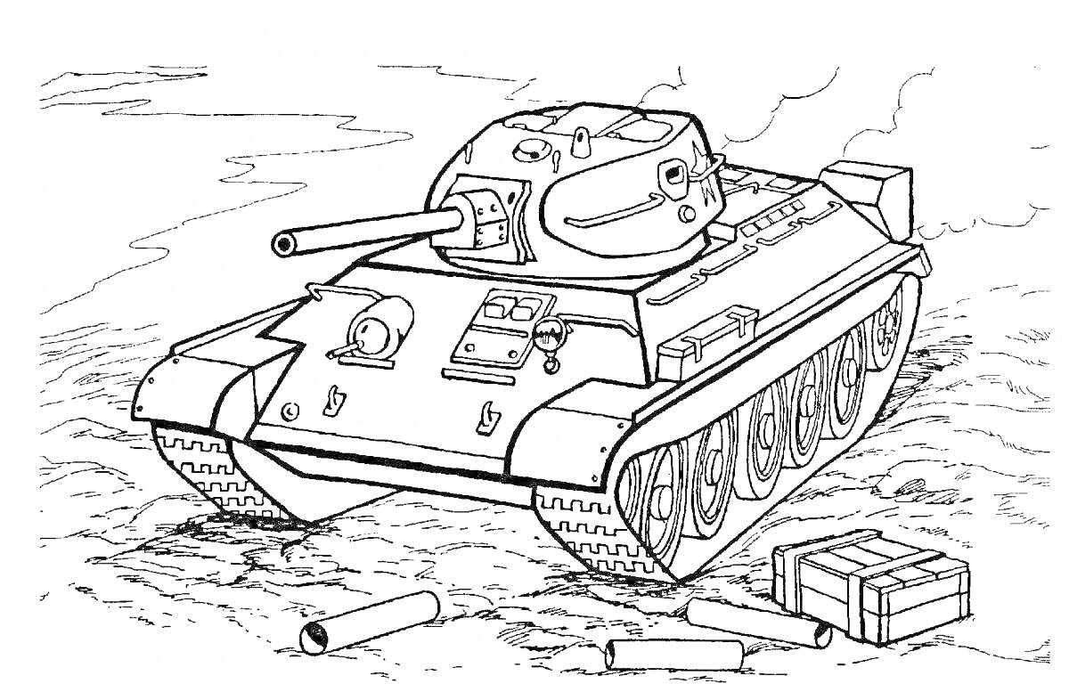 На раскраске изображено: Танк, Т-34, Вторая мировая война, Бой, Поле, Военная техника, Снаряды, Гусеницы, Броня