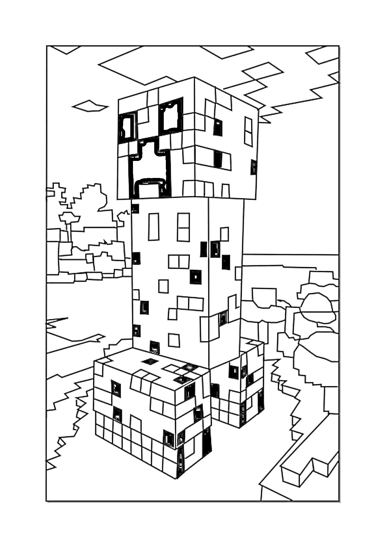 На раскраске изображено: Крипер, Майнкрафт, Лес, Деревья, Облака, Пиксельный персонаж, Видеоигра