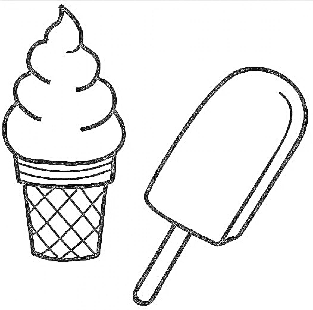 На раскраске изображено: Мороженое, Вафельный рожок, Эскимо, Еда, Сладости, Для детей