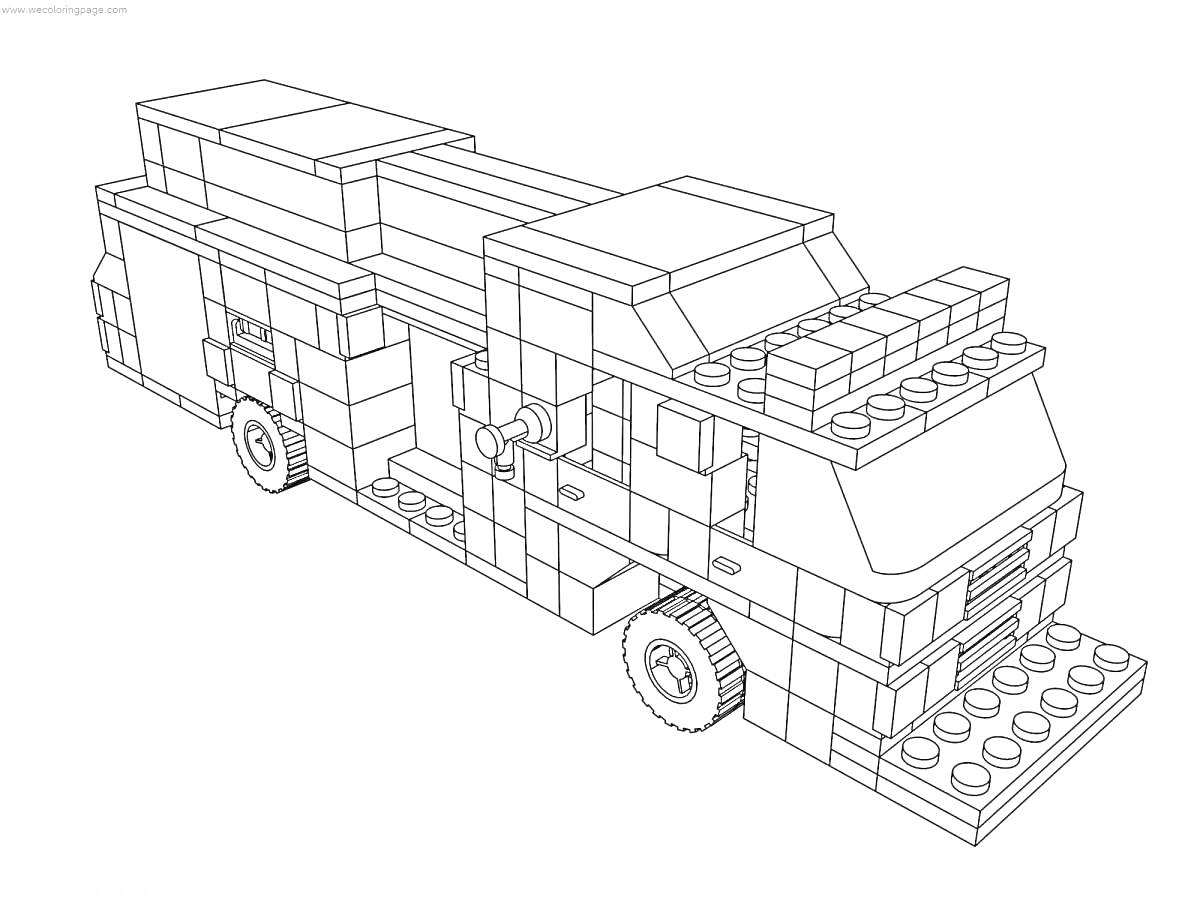 Раскраска Грузовик из Майнкрафт со ступенчатой крышей и прямоугольными колесными арками