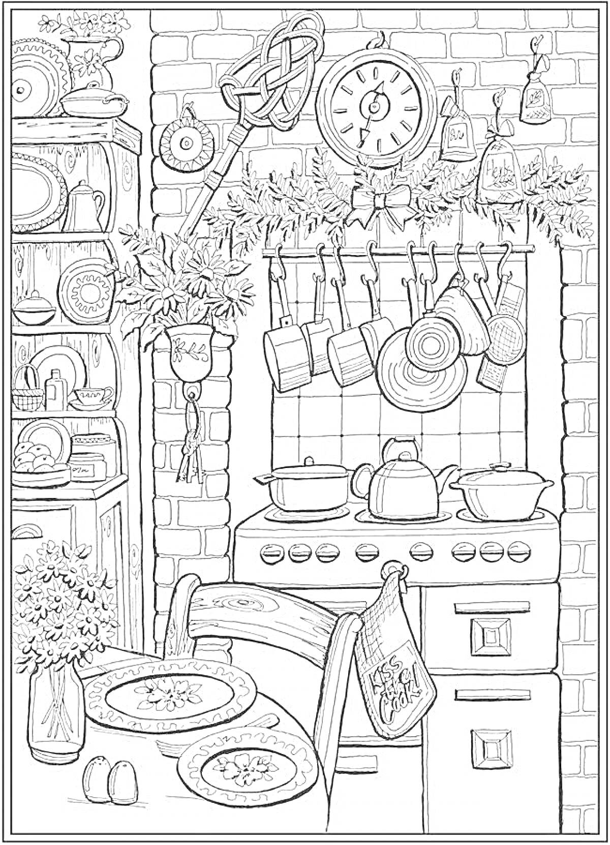 Раскраска Кухня с плитой, посудой на полках и висящими кастрюлями, стол с посудой, цветы на столе и полке, часы на кирпичной стене