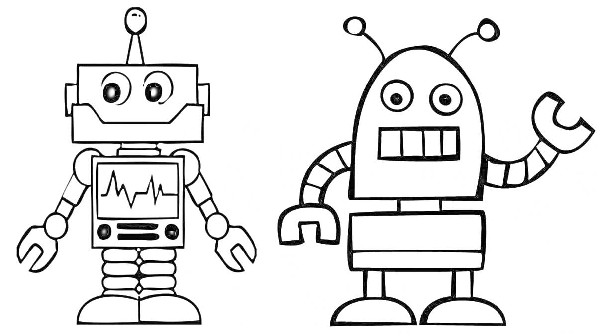 Раскраска Два робота с усами и антеннами, левый робот с экраном, правый робот с клешней