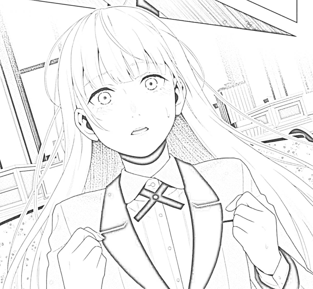 Девушка с длинными волосами в школьной форме с галстуком-бабочкой на фоне школьного кабинета