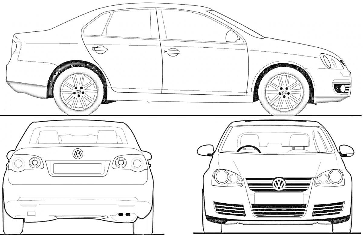 Раскраска Контурное изображение автомобиля Volkswagen Polo с видами сбоку, спереди и сзади