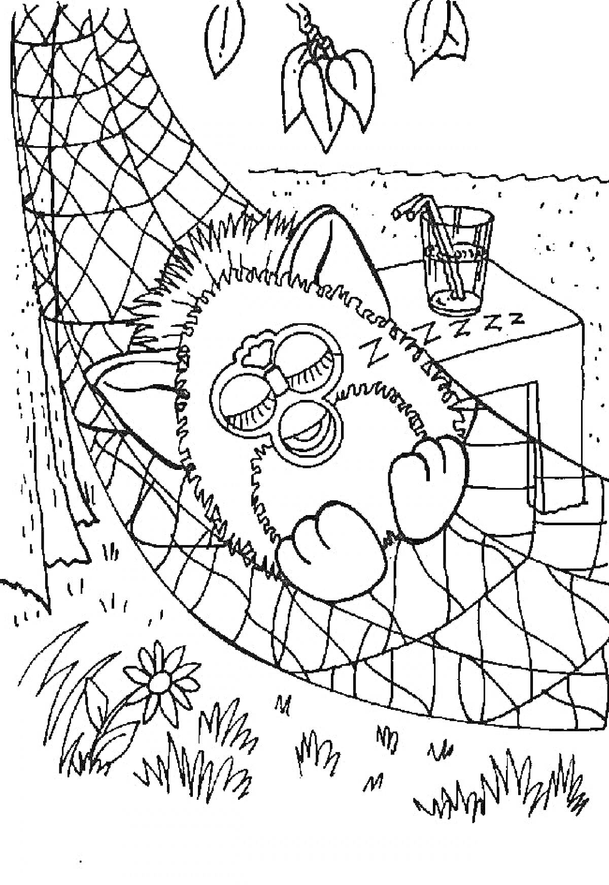 Ферби Бум, спящий в гамаке, с растениями и напитком на заднем плане