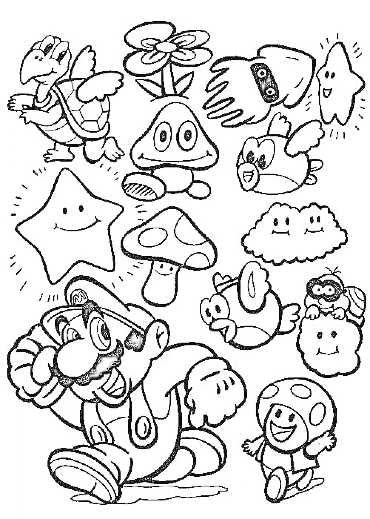 Раскраска Марио, Луиджи, звезда, летающий черепаха, грибы, цветок огня, облако, рыбка и другие персонажи из Марио