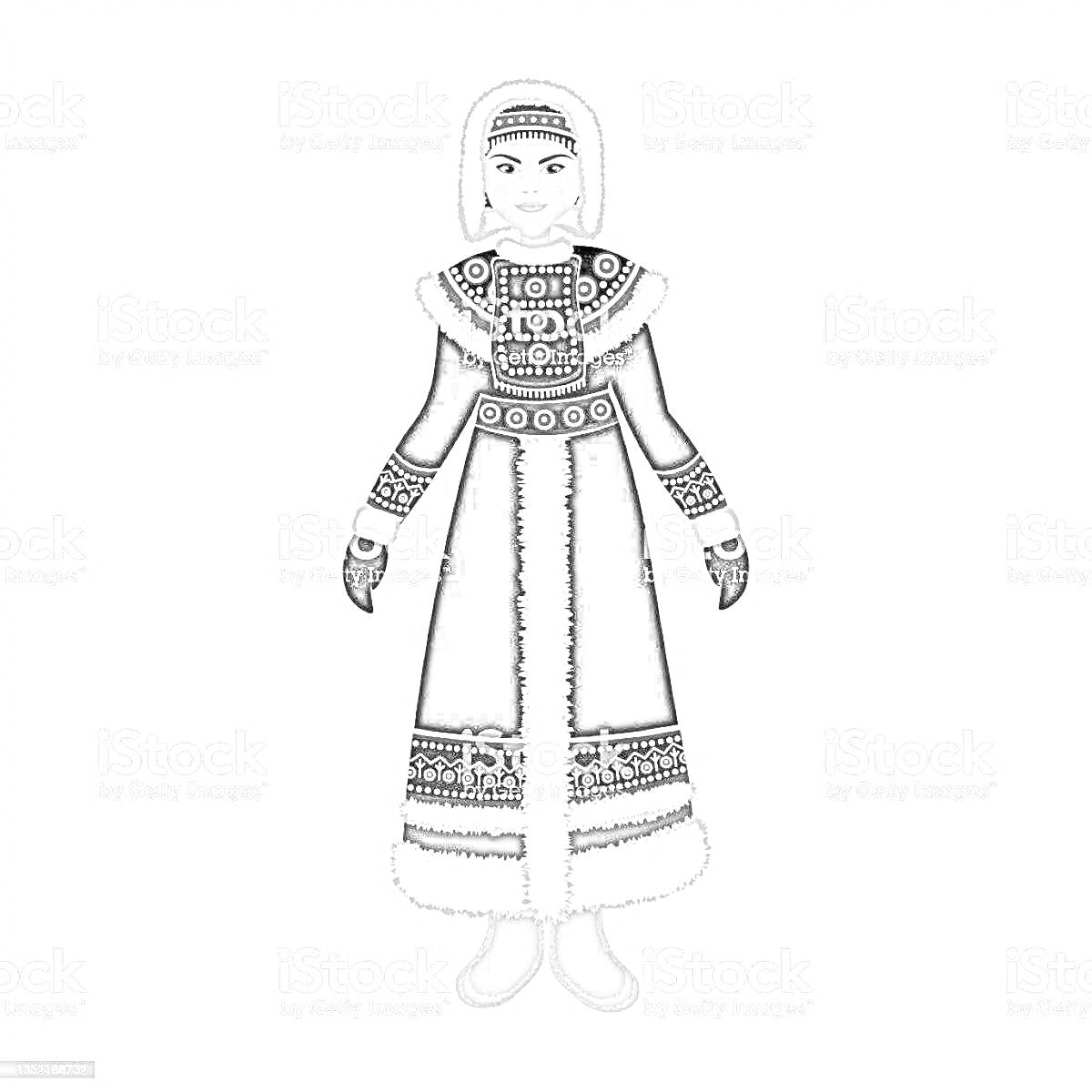 На раскраске изображено: Якуты, Традиционная одежда, Венок, Мех, Вышивка, Платье, Этнический стиль