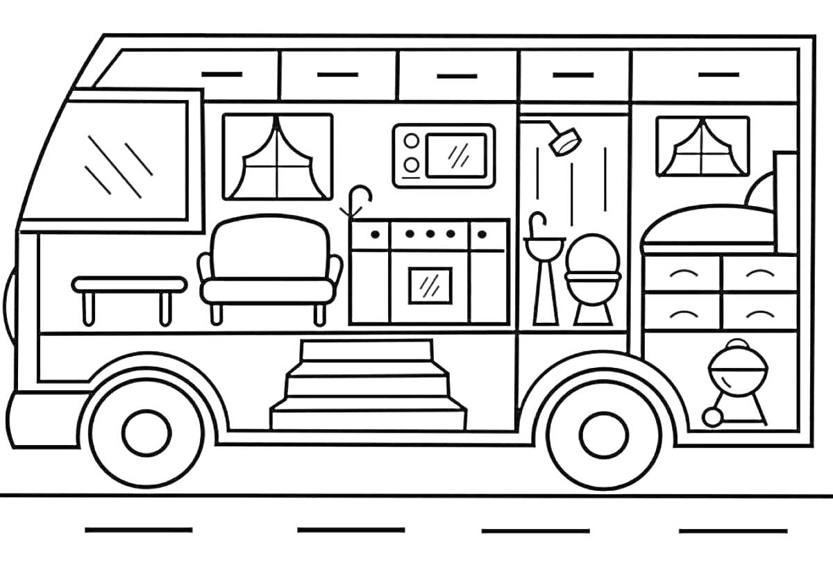 Раскраска Дом на колесах с диваном, столиком, кухней, раковиной, микроволновкой, туалетом, душем, кроватью и ночником.