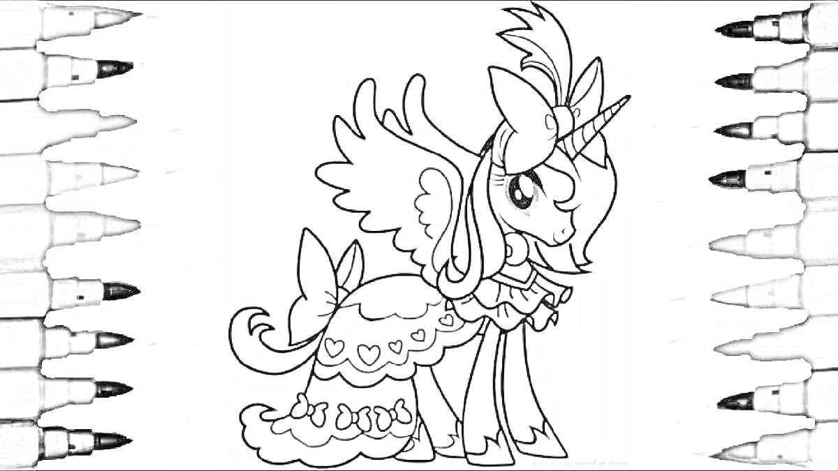 Раскраска Единорог в нарядном платье с сердечками и крыльями