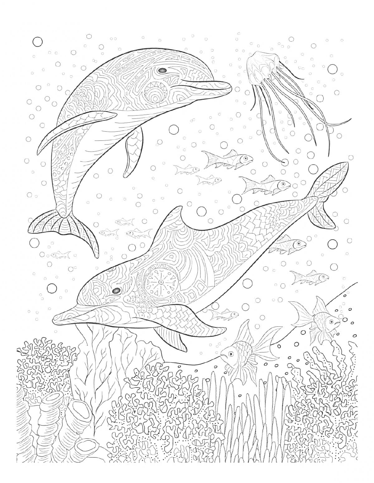 На раскраске изображено: Дельфины, Медуза, Кораллы, Море, Подводный мир, Антистресс