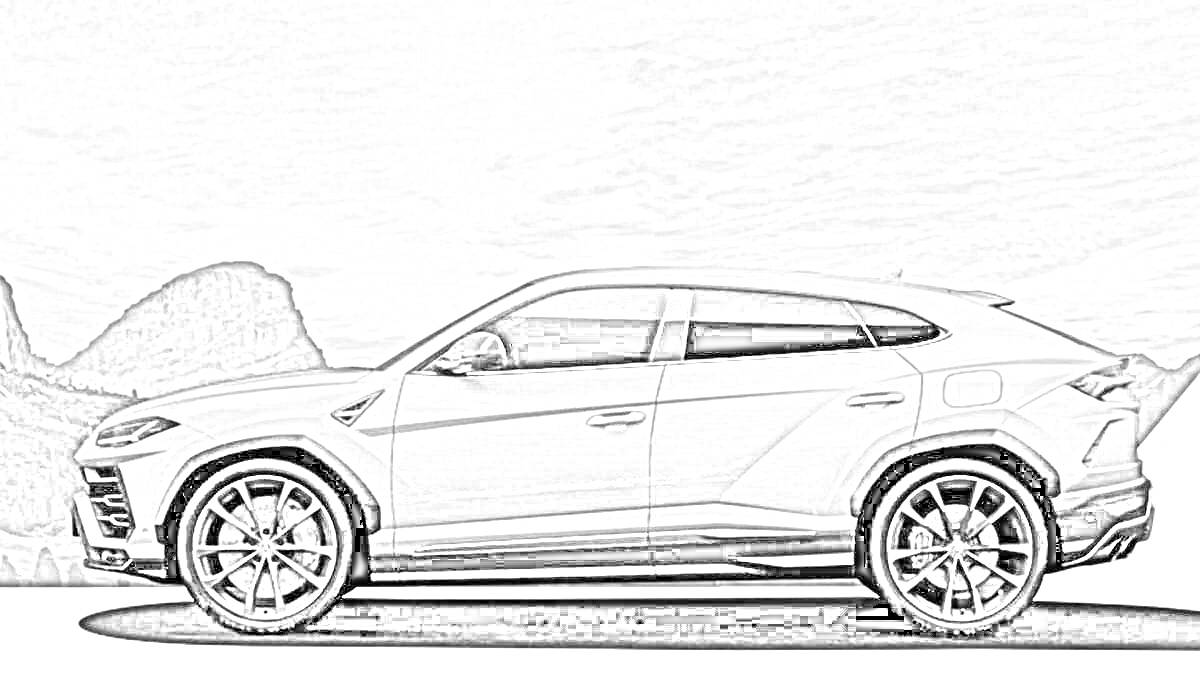 Раскраска Lamborghini Urus на фоне гор