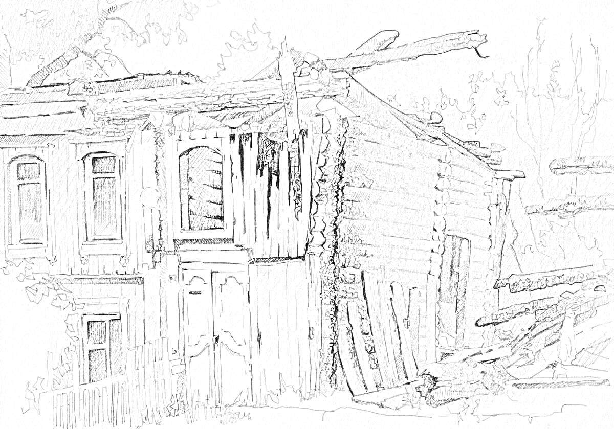 Раскраска Заброшенный дом с двумя этажами, разрушенной крышей, обвалившимися балками и опустевшими оконными проемами на заросшем участке