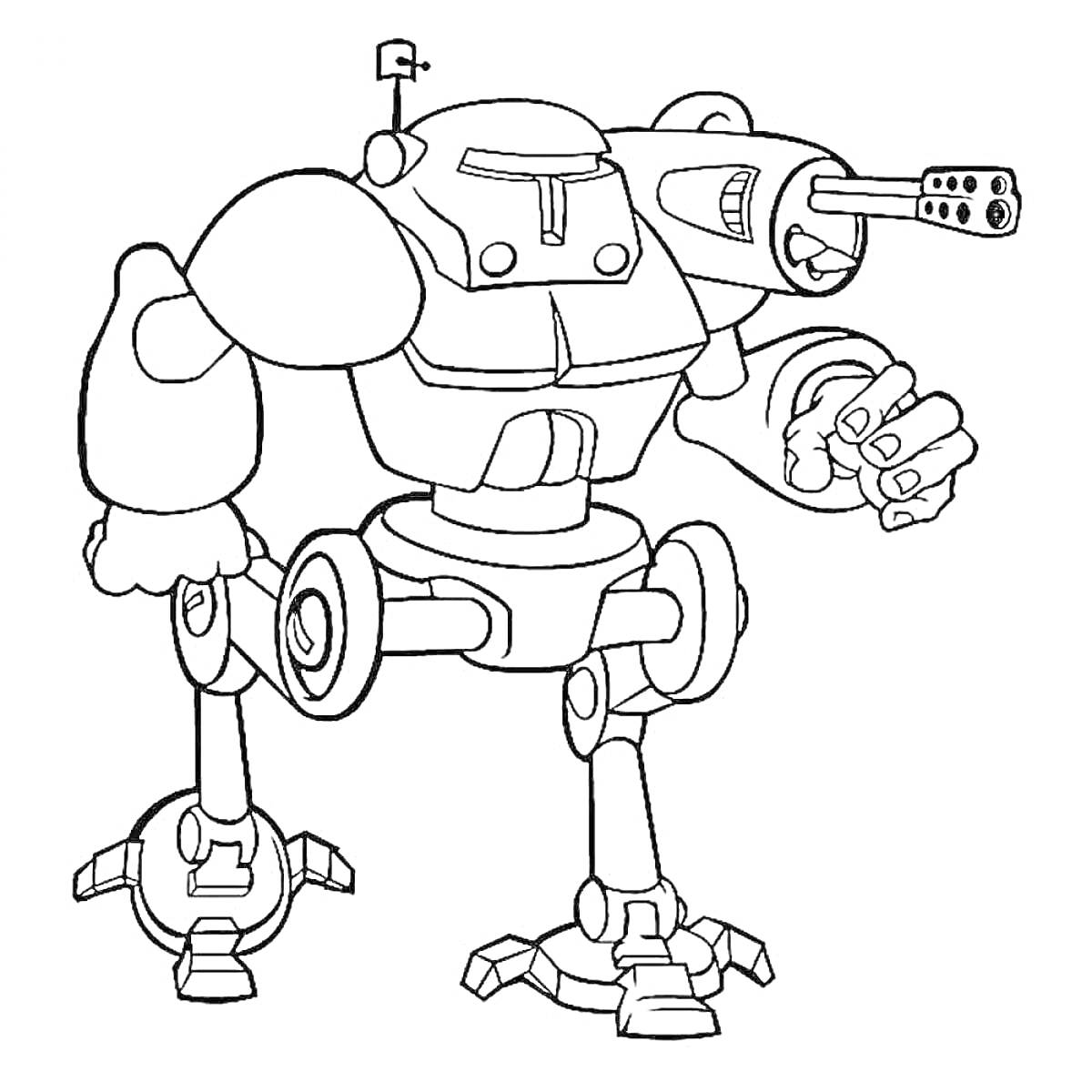 Боевой робот с пулеметом и антенной, с тремя ногами и массивными руками
