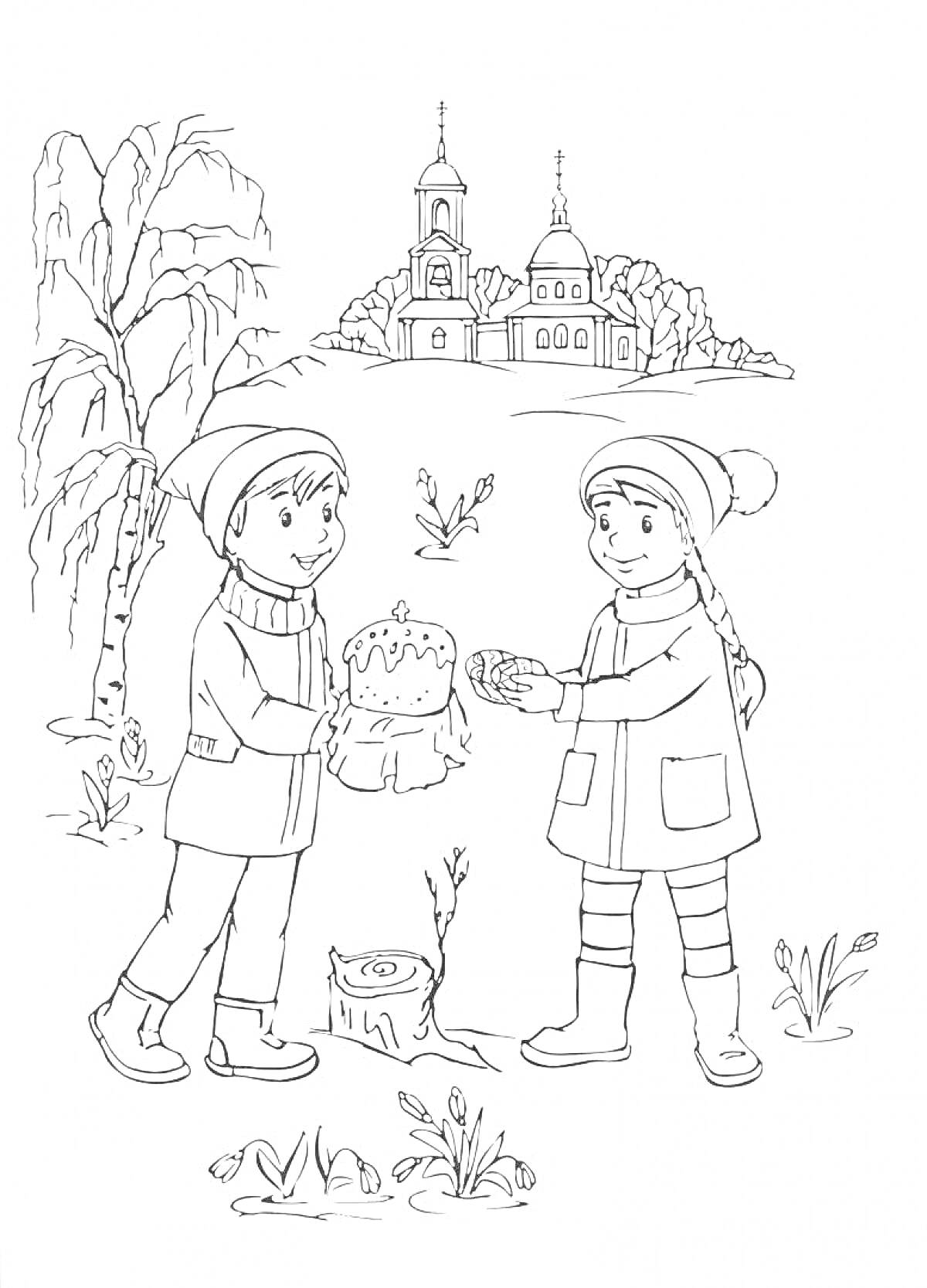 Раскраска Дети зимой, держащие пирог, на фоне деревьев и церкви