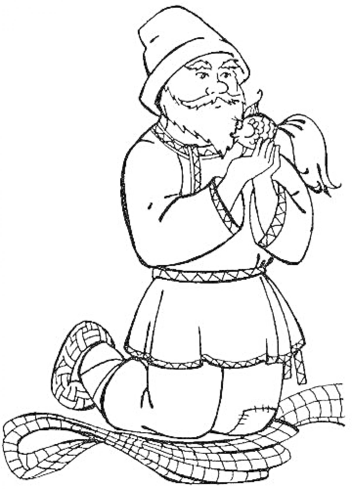 Раскраска Старик с золотой рыбкой в руках на коленях на рыбацкой сети
